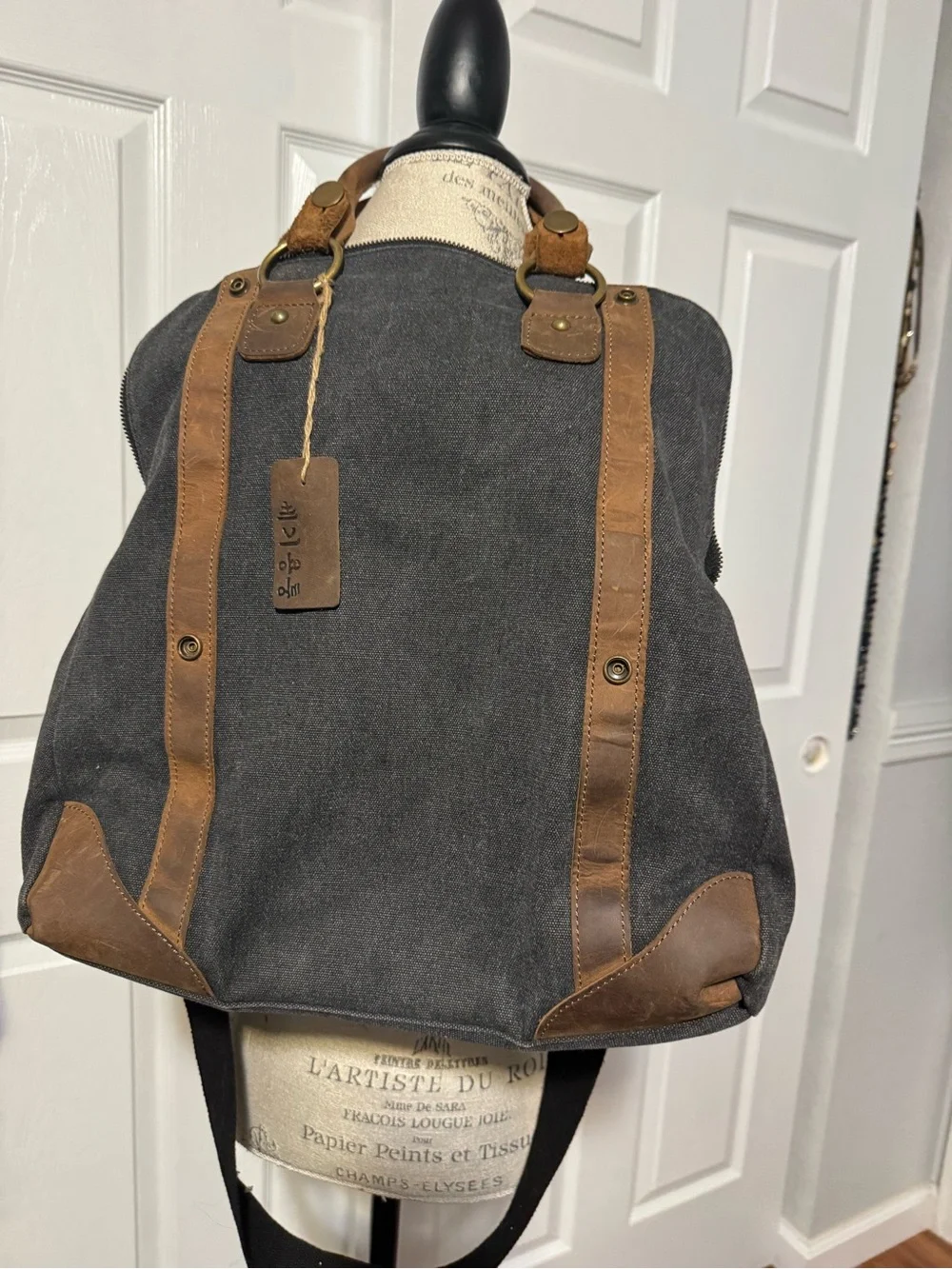 Canvas 3 in 1 Messenger Bag with Leather Trim - Navy Gray Heather Unisex